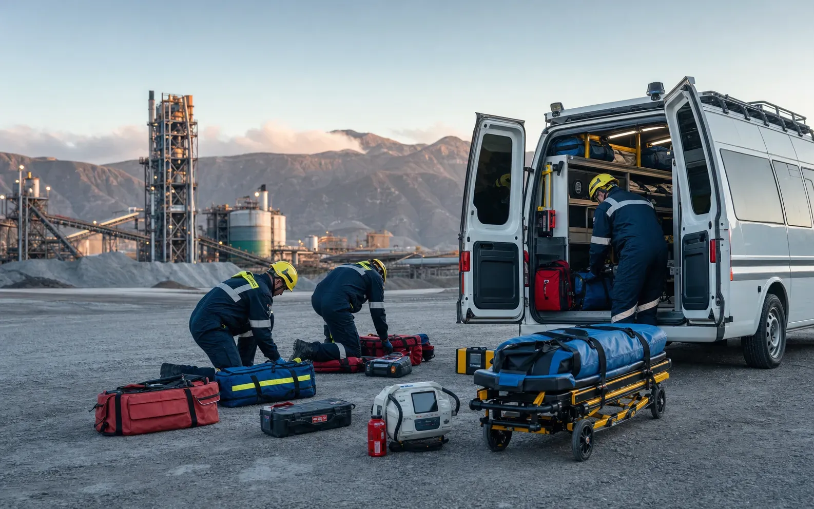Equipo de respuesta preparando equipamiento en una faena industrial