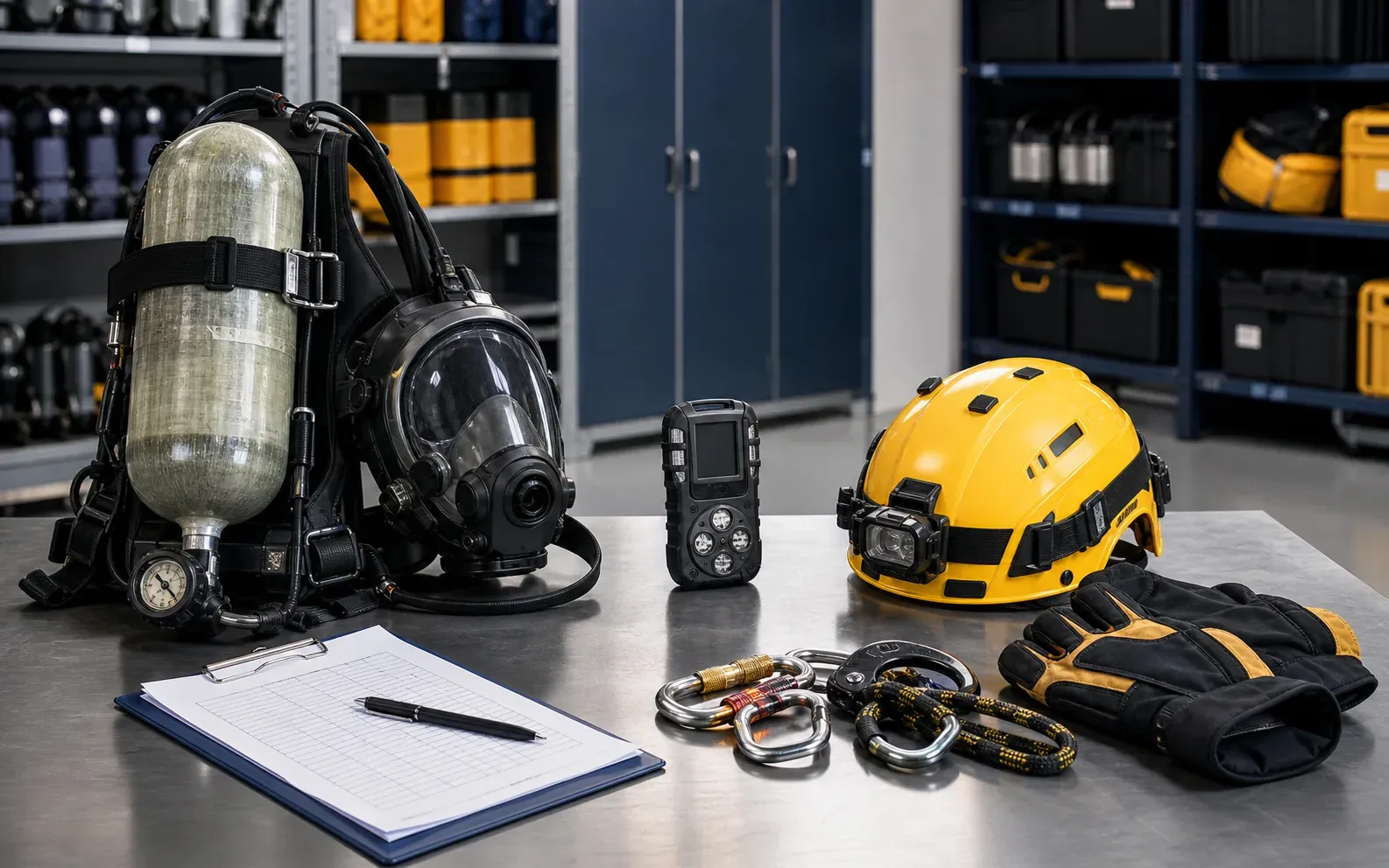 Equipamiento de respiración, detección de gases y rescate organizado para revisión técnica