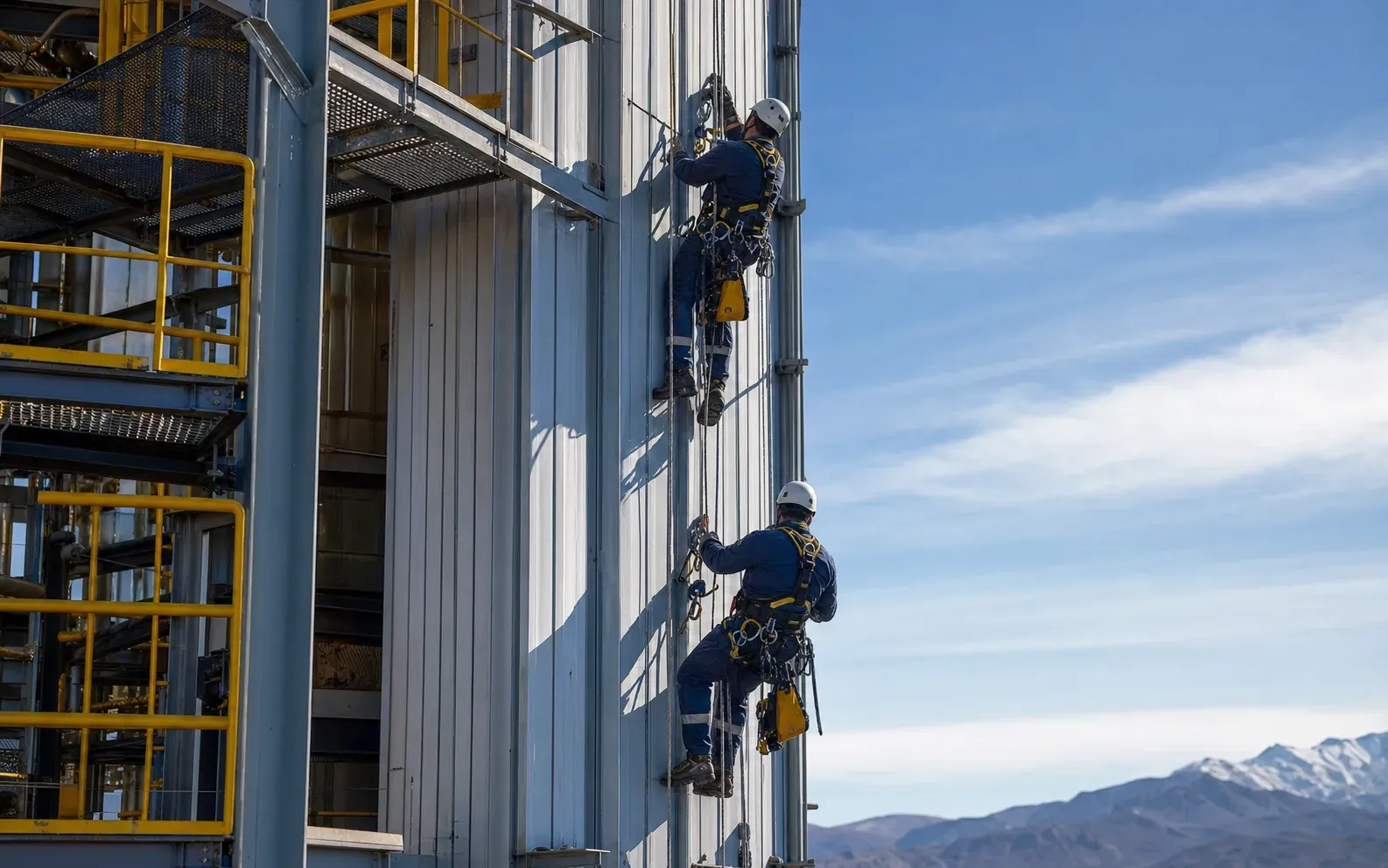 Técnicos de acceso por cuerdas trabajando en una estructura industrial